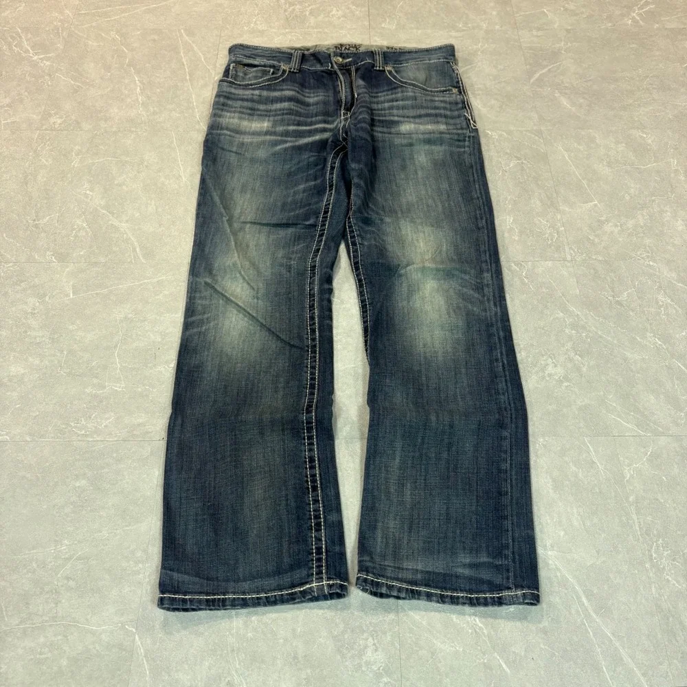 Buckle Black Mens Straight Leg Jeans Medium Wash Embroidered Pockets 33x32